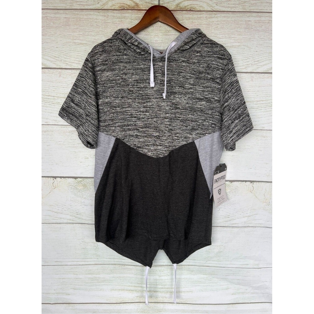 Encrypted Shirt Mens Size Large Black & Gray Hoodie Fishtail Hem Shirt New L